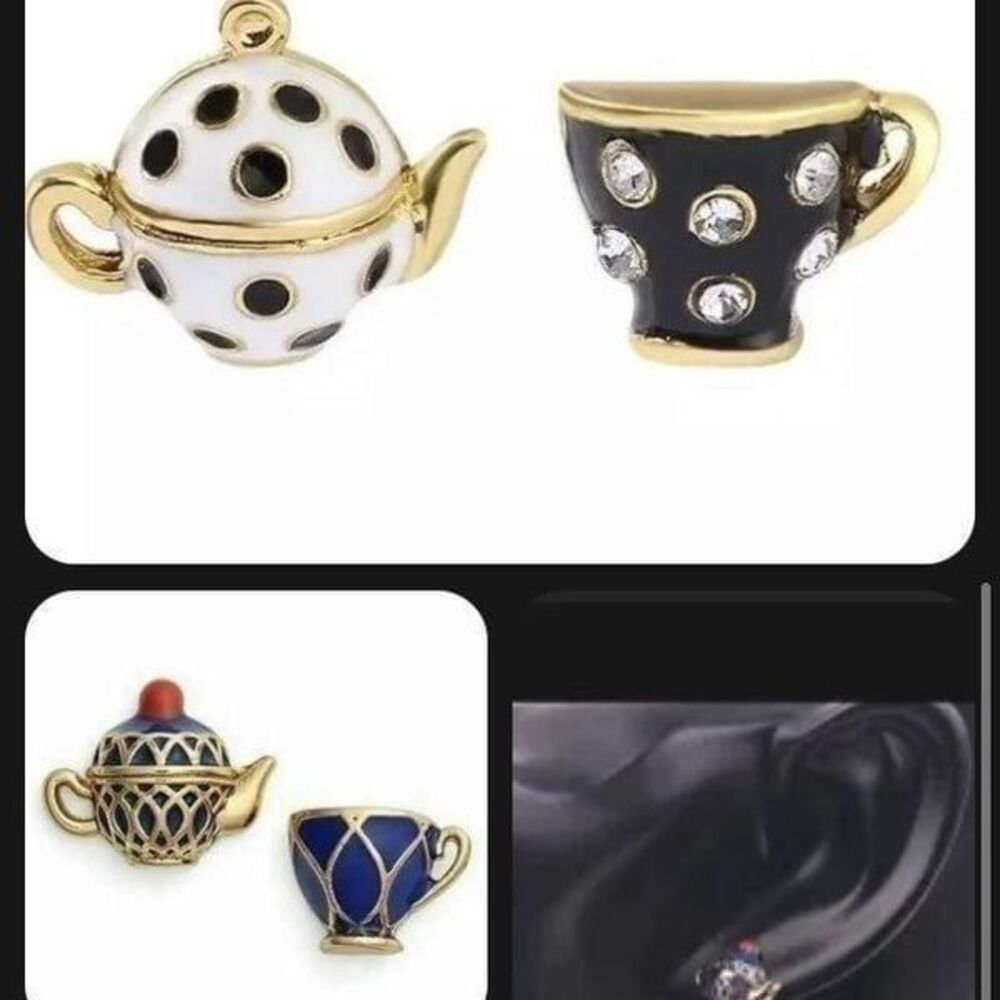 2 Pair Blue Black White Teacup Earrings